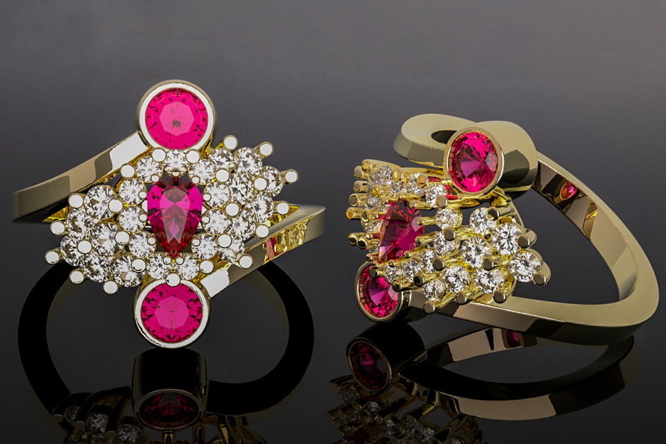 Sentimental Center: A design challenge, using a smaller sentimental ruby as the centerpiece.  Split band
												starts and finishes with bezel set rubies and a diamond waterfall for accent.